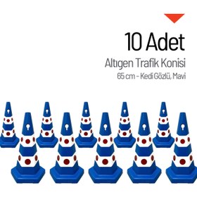 Resim İleri Trafik 10 Adet Kedi Gözlü Mavi Altıgen Trafik Konisi 65 cm Trafik Dubası Seti 