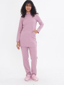Resim TIPMOD Likralı Pudra Pembe Tunik Tesettür Takım Hemşire Forması / Scrubs 