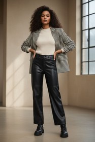 Resim Grenj Fashion Siyah Relaxed Boru Paça Dikiş Detaylı Deri Pantolon 