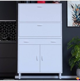 Resim Modilayn Vio 100x163, 4x32, 5 Cm Yeni Çekmeceli, Kapaklı, Ekmeklikli, Çok Amaçlı Mutfak Dolabı Beyaz 