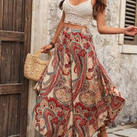 Resim Kadınlar için Şık Paisley Desenli Geniş Paça Pantolon - Yüksek Bel, Bol Kesim, Canlı Çiçek Deseni, Makinede Yıkanabilir, Günlük veya Boho Kıyafetler İçin Mükemmel, Çiçekli Baskılı Pantolon, Yüksek Bel Tulum, Hafif Kumaş, Rahat Moda 