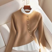 Resim Kadınlar İçin Şık Metal Düğmeli Fırfır Etekli ve Kontrast Manşetli Kardigan - Yumuşak Yuvarlak Yaka Sonbahar/Kış Katmanlı Üst, Düz Renk Şık Kazak, Günlük ve Resmi Giyim, Sevimli Kazak, Tekstürlü Kumaş, Yüksek Kalite Örgü, Moda Kadın Giysileri 