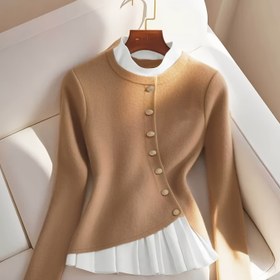 Resim Kadınlar İçin Şık Metal Düğmeli Fırfır Etekli ve Kontrast Manşetli Kardigan - Yumuşak Yuvarlak Yaka Sonbahar/Kış Katmanlı Üst, Düz Renk Şık Kazak, Günlük ve Resmi Giyim, Sevimli Kazak, Tekstürlü Kumaş, Yüksek Kalite Örgü, Moda Kadın Giysileri 