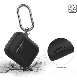 Resim Airpods 1-2 Nesil Uyumlu Silikon Kılıf - Mat Yumuşak Dokulu, Darbeye Dayanıklı, Kemer Klipsli Karabina, Kablosuz Şarj Destekli Koruyucu Kapak Siyah 