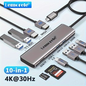 Resim LEMORELE 10-Port USB C Hub Dock İstasyonu, 4K HDTV, 30Hz, PD100W Hızlı Şarj, SD/TF Kart Okuyucu, Type-C Adaptörü Dizüstü Bilgisayar, Akıllı Telefon, Tablet, USB C Hub Dock İstasyonu 