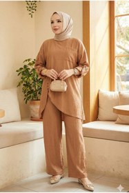 Resim modamira Kadın Taba Çilek Kumaş Asimetrik 2li Tesettür Tunik Pantolon Ikili Pantolonlu Takım 