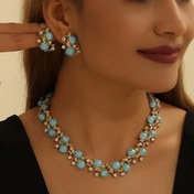 Resim Kadınların Boho Tarzı Mavi Çiçek Kolye ve Küpe Seti - İmitasyon İnciler ve Taşlarla Altın Ton, Parti Elbiseleri ve Özel Günler için Mükemmel, Sevgililer Günü Hediyesi, Tüm Mevsimler için Takı|Boho Aksesuar|KC Altın Kaplama 
