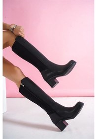 Resim Kadın Siyah Cilt Topuklu Arka Dalgıç Kumaş Çizme Siyah 