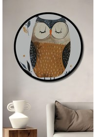 Resim Uykucu Baykuş Desenli Sulu Boya Görünümlü Ahşap Tablo Yuvarlak Duvar Tablosu Çerçeve Görünümlü-5856 - 30 X 30 