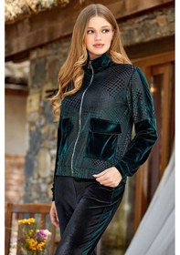 Resim Cossy By Aqua 24342 Kadın Uzun Kollu Kazayağı Desen Kadife Eşofman Takımı-yeşil Yeşil 