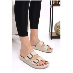Resim Mlx 10651 Çift Toka Kadın Terlik Comfort Anatomik Kadın Ev Dışarı Terliği Bej 