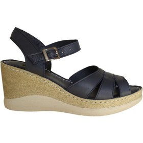 Resim Platin Lacivert Deri Kadın Dolgu Topuk Sandalet 