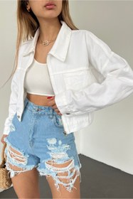 Resim Fav Style Kadın Fermuar Kapamalı Çift Cepli Crop Kot Ceket Beyaz 