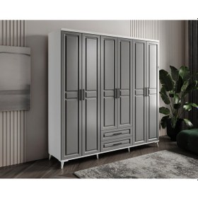 Resim GuneyStore Gözde 6 Kapaklı Komple MDF Antrasit - Beyaz Gardırop 
