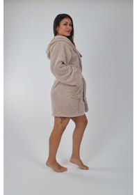 Resim Kapşonlu Unisex Wellsoft Peluş Bornozl-- L - XL-BEJ-SABAHLIK 