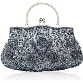 Resim Boncuklu Payet Gece Çantası, Zarif Üst Halkalı El Abiye Çanta Gri 