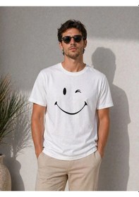 Resim Virelto Erkek Beyaz Gülümseyen Yüz Tasarımlı T-shirt 