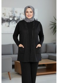 Resim Hesna Kadın Alçin Büyük Beden 2 İp Kristal Taşlı Cepli Siyah Yelek Siyah 