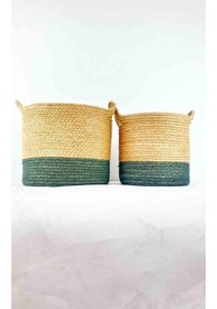 Resim Bitki Tasarımı Ev Dekorasyon Düzenleyici Dekoratif Kulplu Altı Gri Şeritli Doğal Örgü Sepet İkili Set O-k Gri 