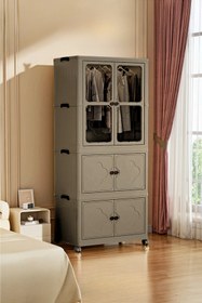 Resim 3 Katlı Katlanabilir Modüler Giysi ve Eşya Dolabı – Tekerlekli, Kapaklı, Şeffaf Pencereli Tasarım - Gri 