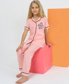 Resim Kız Çocuk Kısa Kollu %100 Pamuklu Düğmeli Pijama Takımı Princess Pembe 