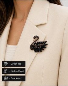 Resim Zarif Siyah Kuğu Kadın Broş - Rose Premium Özel Gün İçin Şık Bir Hediye Açık Gri 