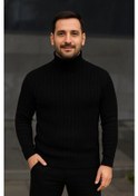 Resim Erkek Balıkcı Yaka Bağazlı Triko Kazak Pamuklu Kalın Fitilli Dokuma, Regular Fit Uzun Kollu Kışlık Model - Siyah Siyah 