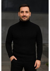 Resim Erkek Balıkcı Yaka Bağazlı Triko Kazak Pamuklu Kalın Fitilli Dokuma, Regular Fit Uzun Kollu Kışlık Model - Siyah Siyah 