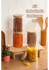 Resim Porsima 2-4 Bambu Borosilikat Vakumlu Kapaklı Yuvarlak Cam 4lü Kavanoz Seti Saklama Kabı 1300ml 10x20cm 