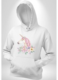 Resim Unicorn Çiçek Kadın Erkek Beyaz Kapüşonlu Sweatshirt Hoodie Beyaz 