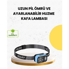 Resim Üç Renkli Led Kafa Feneri 53 Mod Güç Göstergeli Type C Şarjlı Siyah 