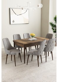 Resim Clara Barok Desen 80x132 Açılabilir Yemek Odası Takımı 4 Sandalye, 1 Bench Gri 