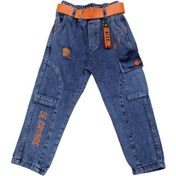 Resim Erkek Çocuk Beli Lastikli Kargo Cepli Yazı Desenli Tarz Kot Pantolon Turuncu 