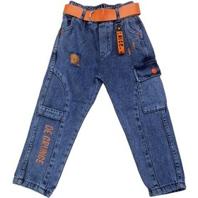 Resim Erkek Çocuk Beli Lastikli Kargo Cepli Yazı Desenli Tarz Kot Pantolon Turuncu 