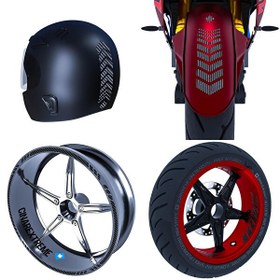 Resim Siyah Karbon Fiber Dokulu İç Dış Jant Şeridi Kask ve Çamurluk Moto Rider 4'lü Sticker Seti 