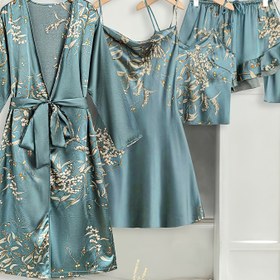 Resim 5 Parça Saten Pijama Takımı Ev Kıyafeti, Basit Beş Parçalı Yeşil Baskılı Kiraz Çiçeği Desenli Gecelik, İnce Kamisol ve Şortlu Elbise 