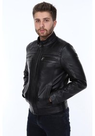 Resim Hakiki Kuzu Derisi Fermuarlı Dört Cepli Erkek Deri Ceket Siyah Siyah 
