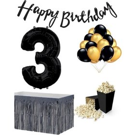 Resim 3 Yaş Siyah Balon Rakam Folyo Banner Mısır Kutusu Masa Eteği Do 