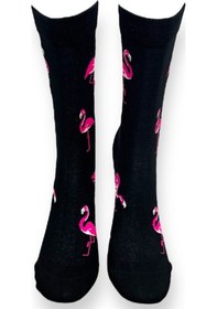 Resim Me-vo Tekli Siyah Renkli Erkek - Kadın Unisex Esnek Nem Alabilen Pamuklu Flamingo Desenli Soket Çorap Siyah 