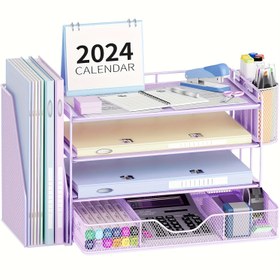 Resim Kağıt Mektup Tepsisi Dosya Tutucu ile, Çekmece ve 2 Kalem Tutuculu 4 Katlı Masa Aksesuarları ve Çalışma Alanı Düzenleyici 