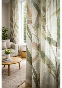Resim Floral Desenli Yeşil Şık Natural Keten Dokulu Tül Perde Salon Oturma Odası Yatak Odası Çocuk Odası Yeşil 