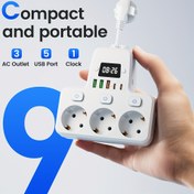 Resim 9'lu 1 Arada Dijital Saatli ve Ayarlanabilir Zamanlı AB Güç Panosu - Aşırı Yük Korumalı, 3 AC Priz, 3 USB + 2 Tip-C Portu, Ev Ofis Seyahat Yatak Odası için Kompakt Tasarım (Siyah/Beyaz) | Şık Cihaz Organizatörü | Çok Fonksiyonlu Alet 