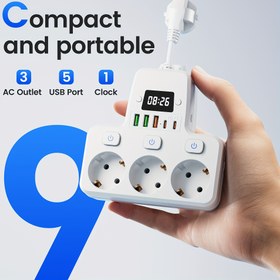 Resim 9'lu 1 Arada Dijital Saatli ve Ayarlanabilir Zamanlı AB Güç Panosu - Aşırı Yük Korumalı, 3 AC Priz, 3 USB + 2 Tip-C Portu, Ev Ofis Seyahat Yatak Odası için Kompakt Tasarım (Siyah/Beyaz) | Şık Cihaz Organizatörü | Çok Fonksiyonlu Alet 