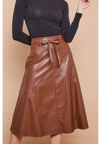 Resim Ekolojik Suni Deri Yüksek Bel Cepli Uzun Diz Altı Kiloş Etek-Taba 