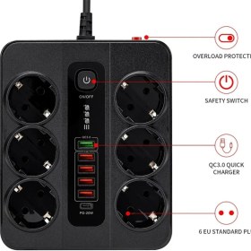 Resim Termal Akım Korumalı 3000W 6 Lı Priz 2 Metre Uzatma Kablosu Çoklu Priz 5 USB 1 Type C Pd Giriş 