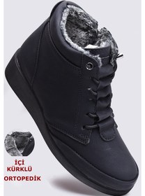 Resim 210 Ortopedik Taban Lastik Bağcıklı İçi Kürklü Siyah Anne Botu Kadın Bot Ayakkabı Siyah 