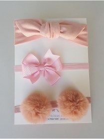 Resim swan butik Kız Çocuk Bebek Bandana Toka Seti Şeftali Ponpon Pembe Fiyonk Ve Tavşankulak Bandana 