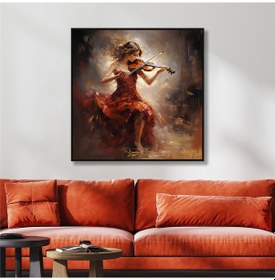 Resim Yağlı Boya Dokulu Tablo Kırmızı Elbiseli Keman Çalan Kadın Siyah Çerçeveli U05001-178953 