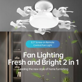 Resim E27 Vida ile Uzaktan Kumandalı Fan Işığı, Güçlü Hava Akışı İçin 5 Fan, 3 Hız Ayarı ve Ayarlanabilir LED Aydınlatma - Ev Ventilasyonu ve Aydınlatması, Hava Dolaşımı, Modern Aydınlatma, Dayanıklı Plastik Bıçaklar İçin Çağdaş Yarı-Flush Montaj Tavan Fanı 