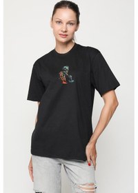 Resim Zombi İskelet Kendine Yumruk Siyah Oversize Unisex Ön Orta Minimal Baskılı Tişört Siyah 